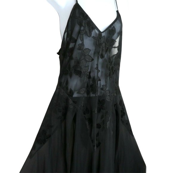 Vintage Sheer Chiffon Brocade Slip Nightgown M Black Sweeping Sheer Slit Panels - Picture 5 of 10